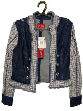 GUESS Runway Denim Tweed Jacket Womens Medium M NWT Frayed Military Blue Jean